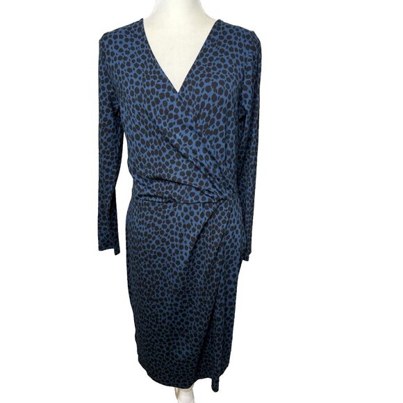 New ANN TAYLOR Black Blue Leopard Print Faux Wrap Dress Size 10 Stretch $98 NWT - Picture 1 of 12